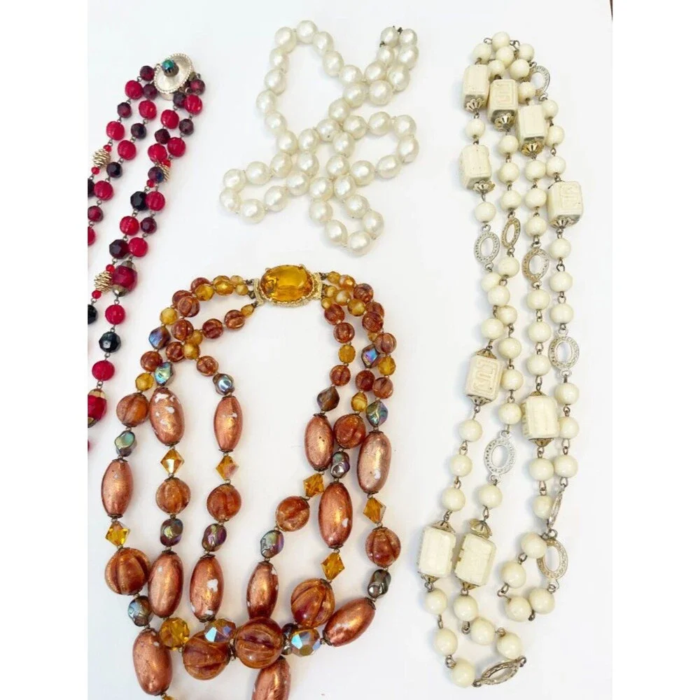 Vintage Necklace Lot Beaded Faux Pearl Amber Red Statement Retro Jewelry 4